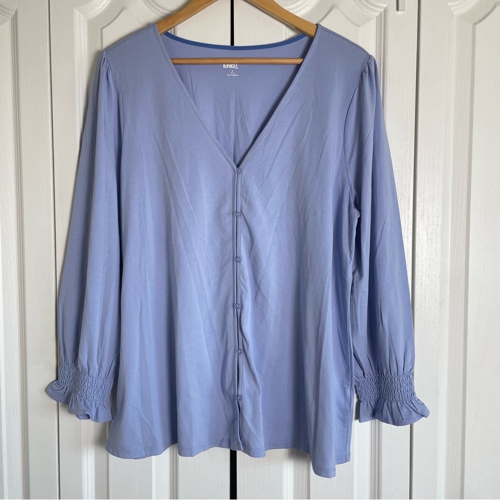 Lands’ End Button Front Top Blouse Women’s L Lightweight Long Sleeve Smocked EUC - Picture 2 of 13